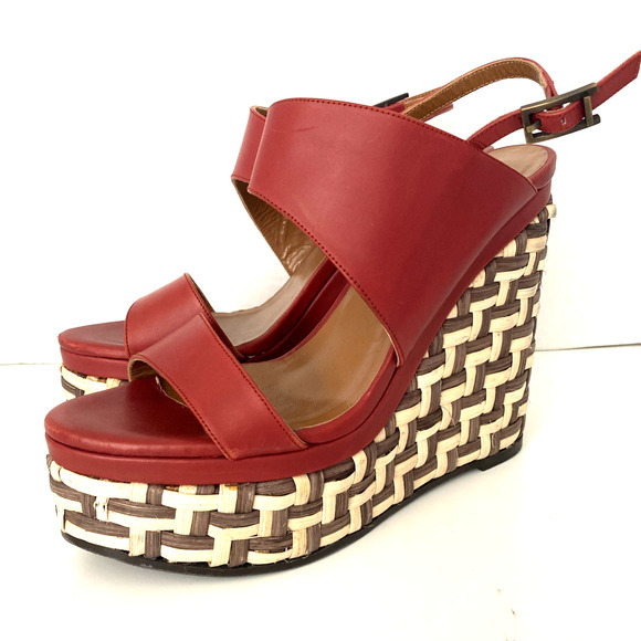 Aquatalia Carmela Sandal Espadrille Wedge Heel Red Leather Buckle Platform 8 - Picture 6 of 10